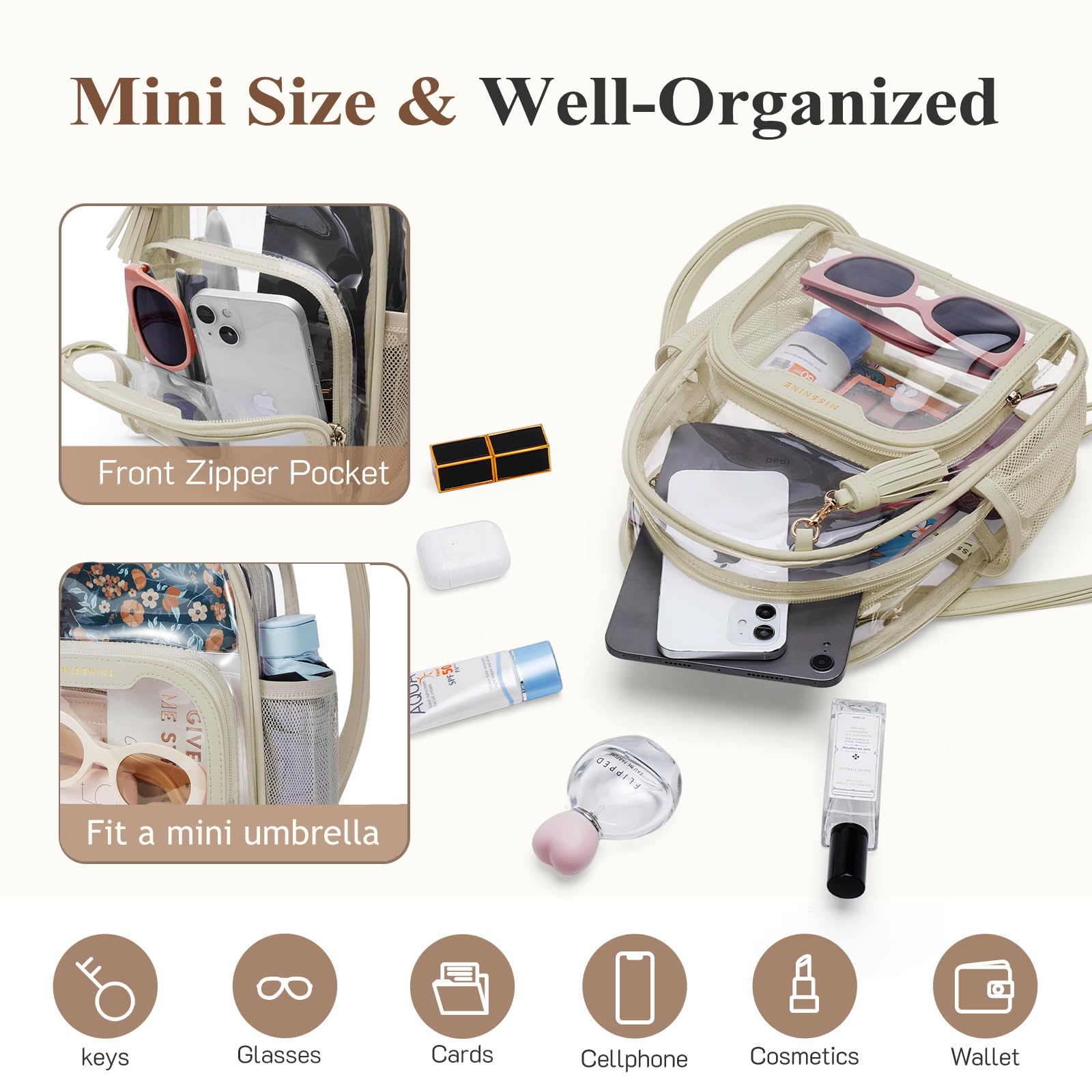 Missnine Zaino trasparente approvato dallo stadio, in PVC spesso, mini borsa trasparente con finiture in pelle per eventi sportivi, concerti, festival