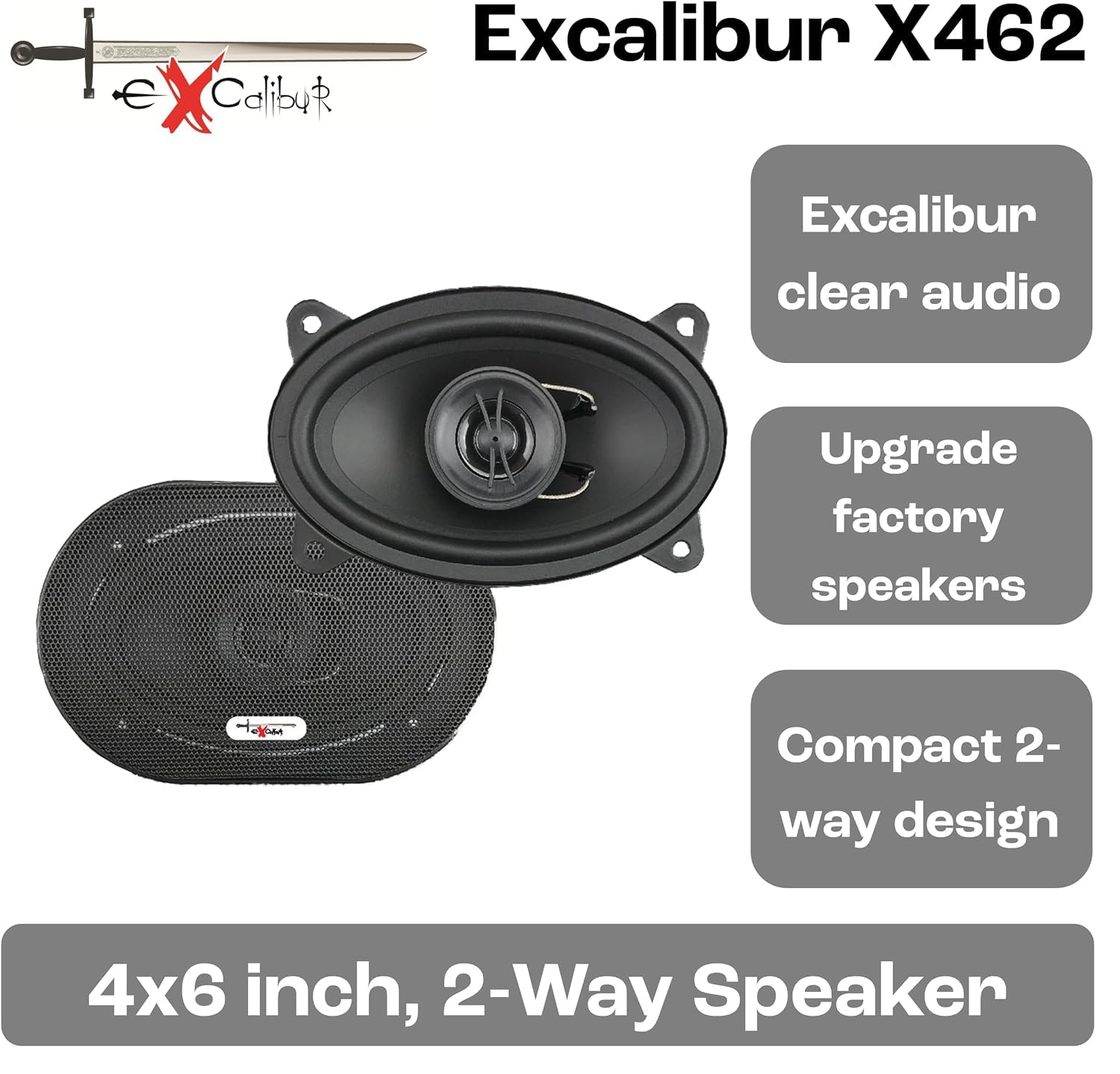 Excalibur X462 – Altoparlanti Coassiali Auto 4x6" (10x15 cm), 2 Vie, 350W Max, 100W RMS, Impedenza