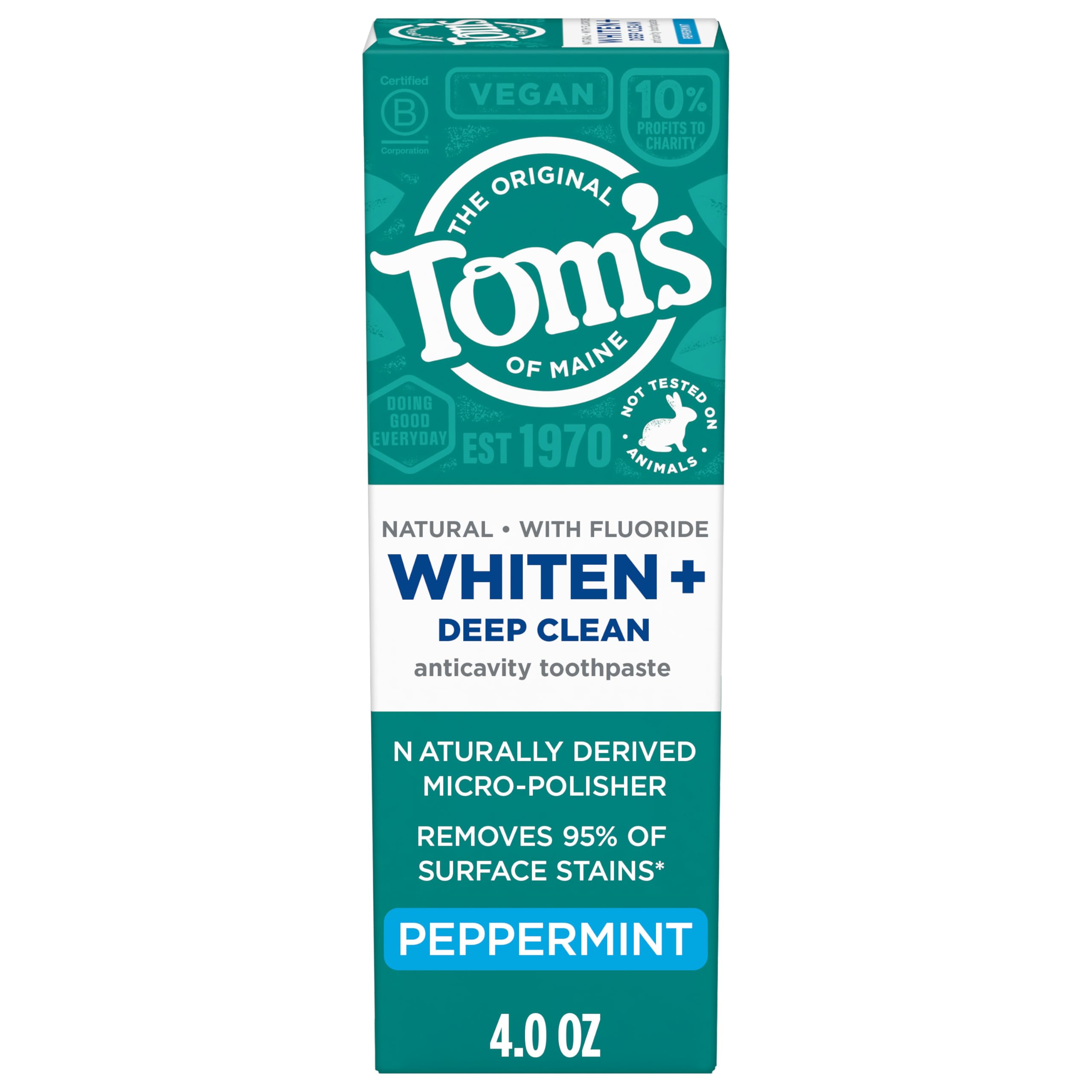 Toms of Maine Whiten Plus Deep Clean Whitening Toothpaste with Fluoride Natural Whitening Toothpaste with Plant-Based Cleansers Enamel