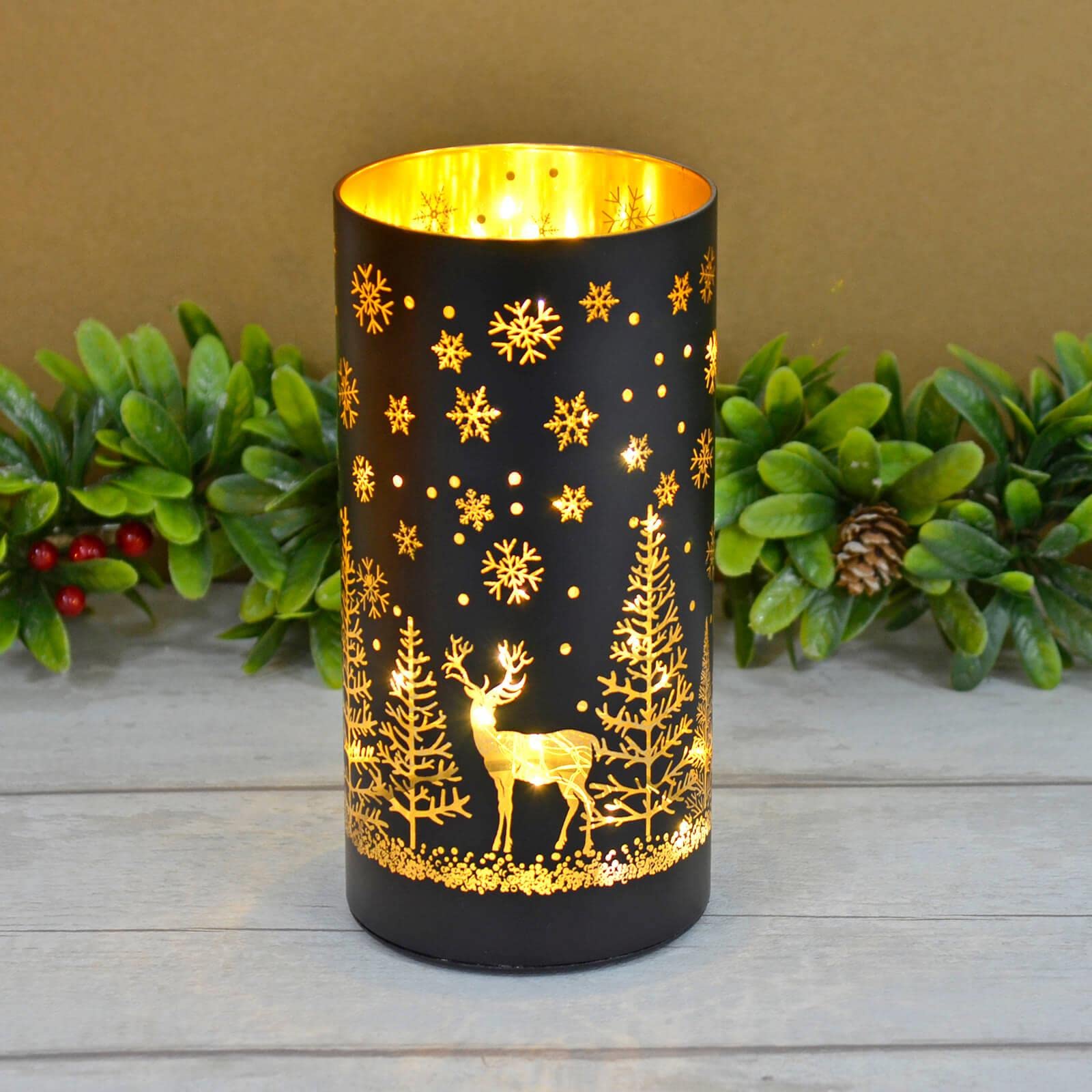 Mr Crimbo 20cm Christmas Cylinder Lamp LED Light Etched Glass Tube Black Silver - Tree Scene — image 1