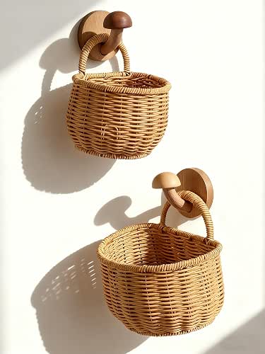 2 Pack Wall Hanging Rattan Baskets, Hand-Woven Storage Basket, Small
