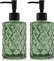 Vista 1 de Paquete de 2 dispensadores de jabón de vidrio verde de 12 onzas con bomba de plástico negro, botellas de jabón líquido recargables para manos, baño