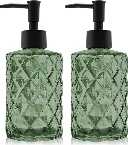 Paquete de 2 dispensadores de jabón de vidrio verde de 12 onzas con bomba de plástico negro, botellas de jabón líquido recargables para manos, baño,
