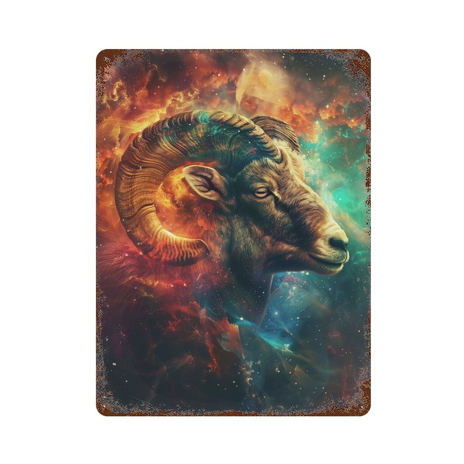 Garage Style Cosmic Sheep Blaze Rust Effect Tin Sign 15.7"x11.8", Industrial Home Decor for Bar And Workshop