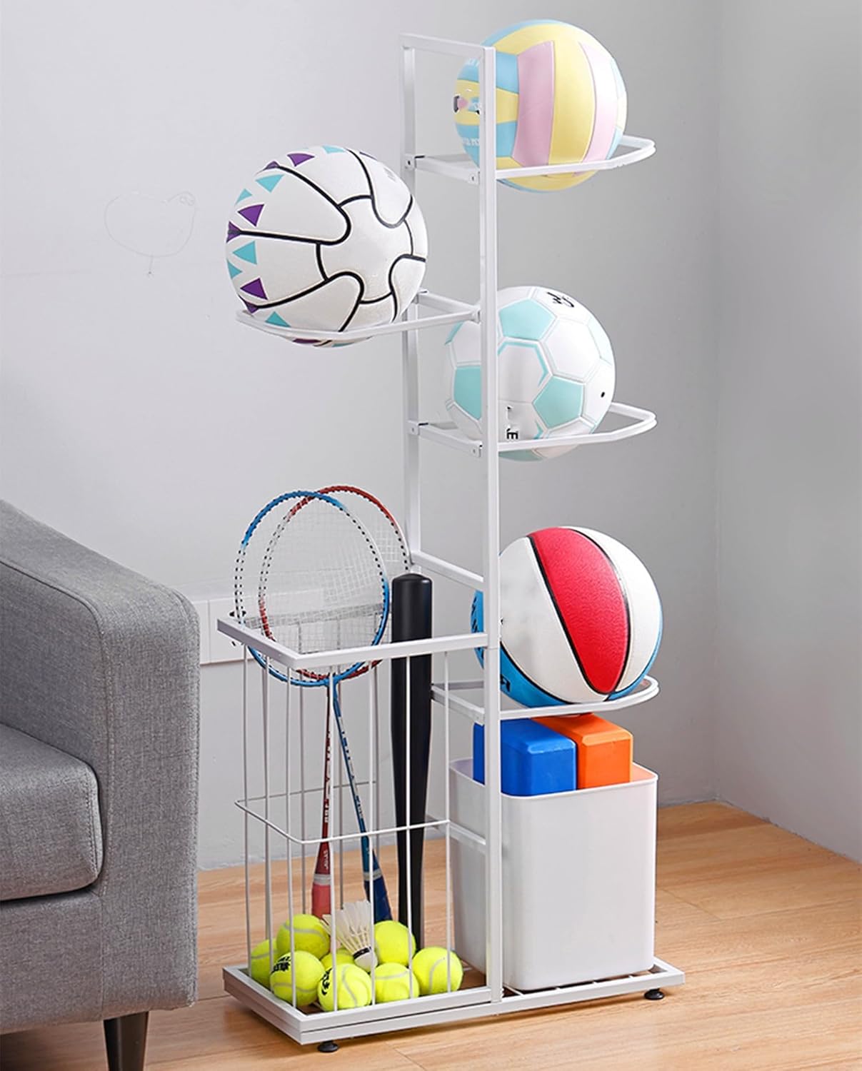 Basketball Rack Ball Storage, Ball Sports Equipment Storage Rack w/Ball Holder and Basketball Rack, Athletic Gear Organizer Stand, Perfect for Garage or Indoor Outdoor Use