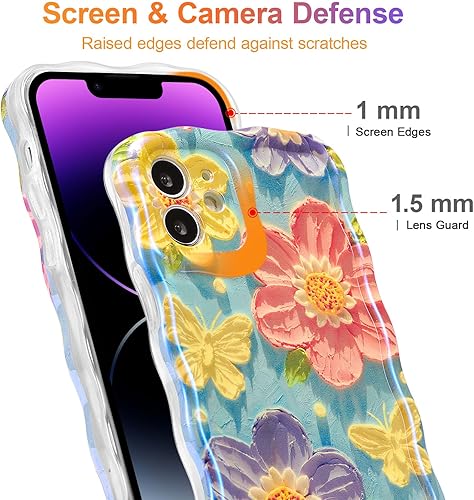 Miniatura 44 de EYZUTAK - Funda protectora de TPU para iPhone 15, estilo retro colorido, diseño láser brillante de pintura al óleo, estampado floral, borde