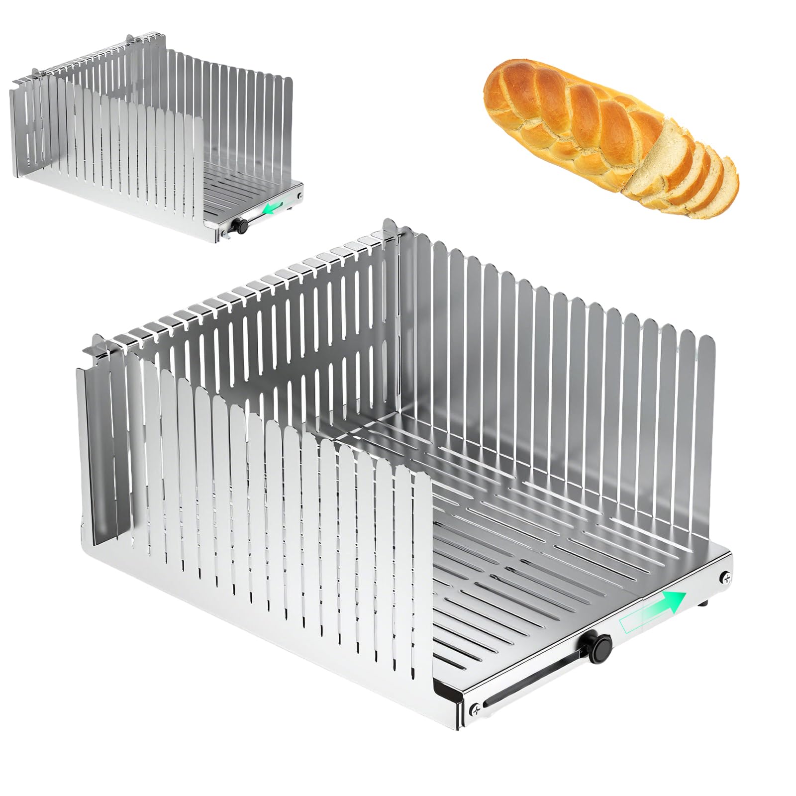 Rebanadora de Pan de Acero Inoxidable, Tabla Cortar Pan con Guía, Ancho Ajustable: de 14 a 21 cm, Grosor: 14 mm, Rebanadora de Pan Plegable para Bagels, Burritos, Tostada y Bizcocho