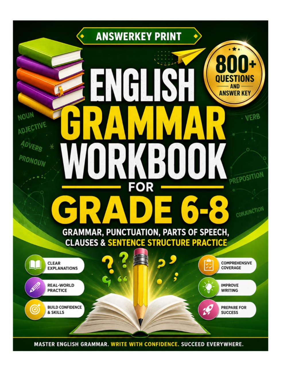 English Grammar Workbook for Grade 6-8: Grammar, Punctuation, Parts of Speech, Clauses & Sentence Structure Practice (Answerkey Series)