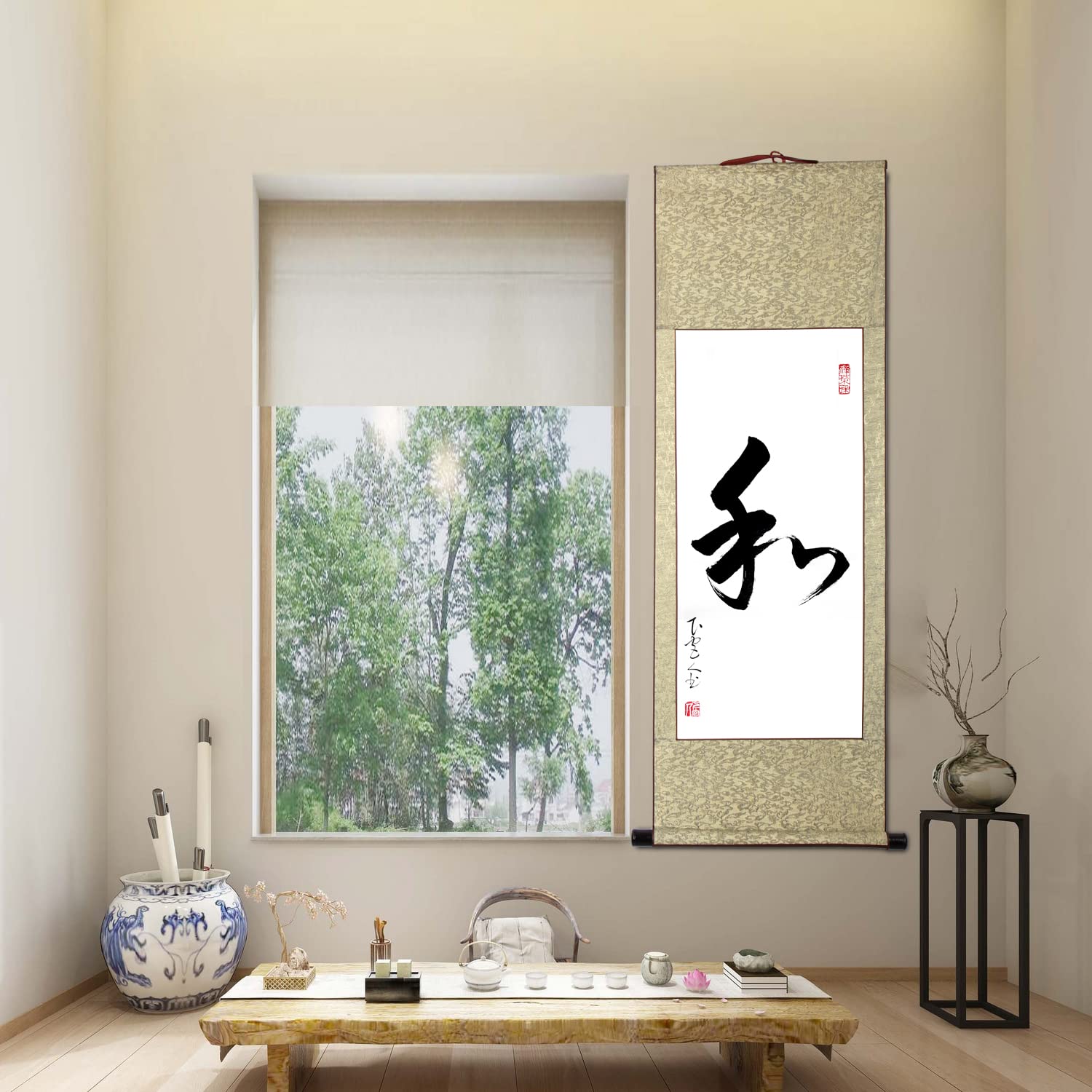 Amazon | 掛軸 掛け軸 おしゃれ 和 肉筆 一文字の禅語 四尺四 年中掛け