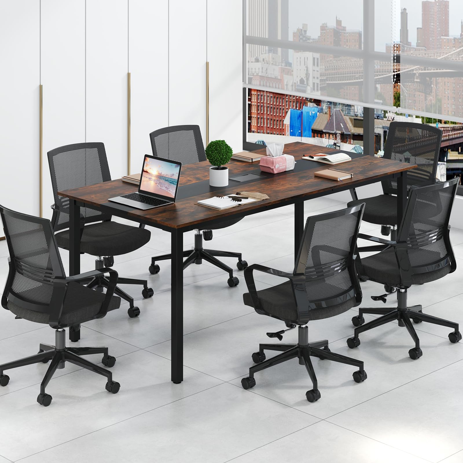 GYMAX Tavolo Discussioni di Gruppo per 8-10 Persone, Sistema di Gestione dei Cavi, Grande Scrivania Rettangolare per Riunioni in Ufficio, Sala Conferenze, 180 x 90 x 75,5 cm, Stile Industriale