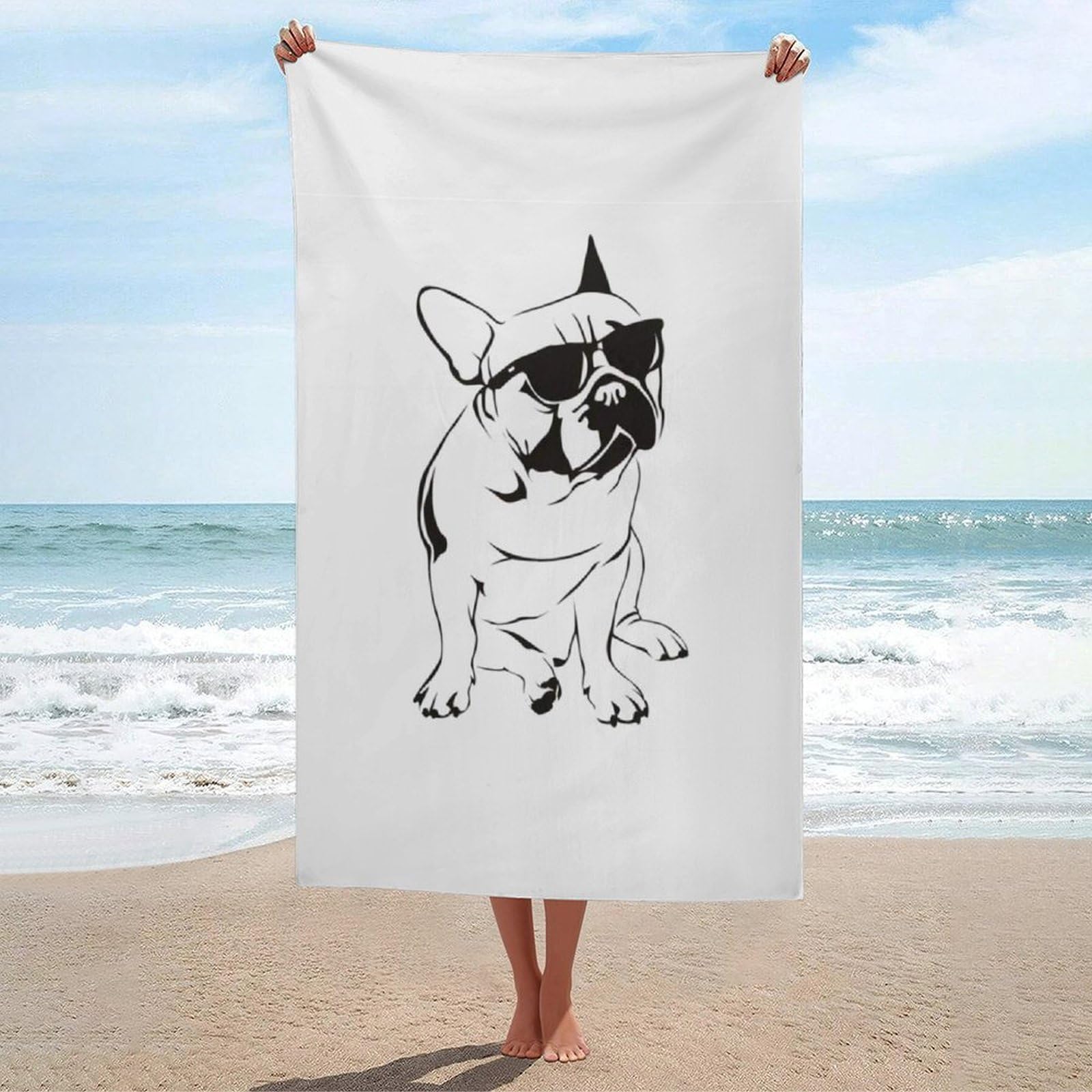 LEDFCVSU Beach Towel, French Bulldog Bath Towel, Absorbent Towel for Swimming, Sports, Travel