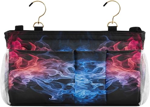 Bedside Caddy Hanging Storage Bags Blue and White Smoke Pattern Bedside Remote Control Holder for Dorm Room Bunk Hospital Crib Bed Rails Essentials