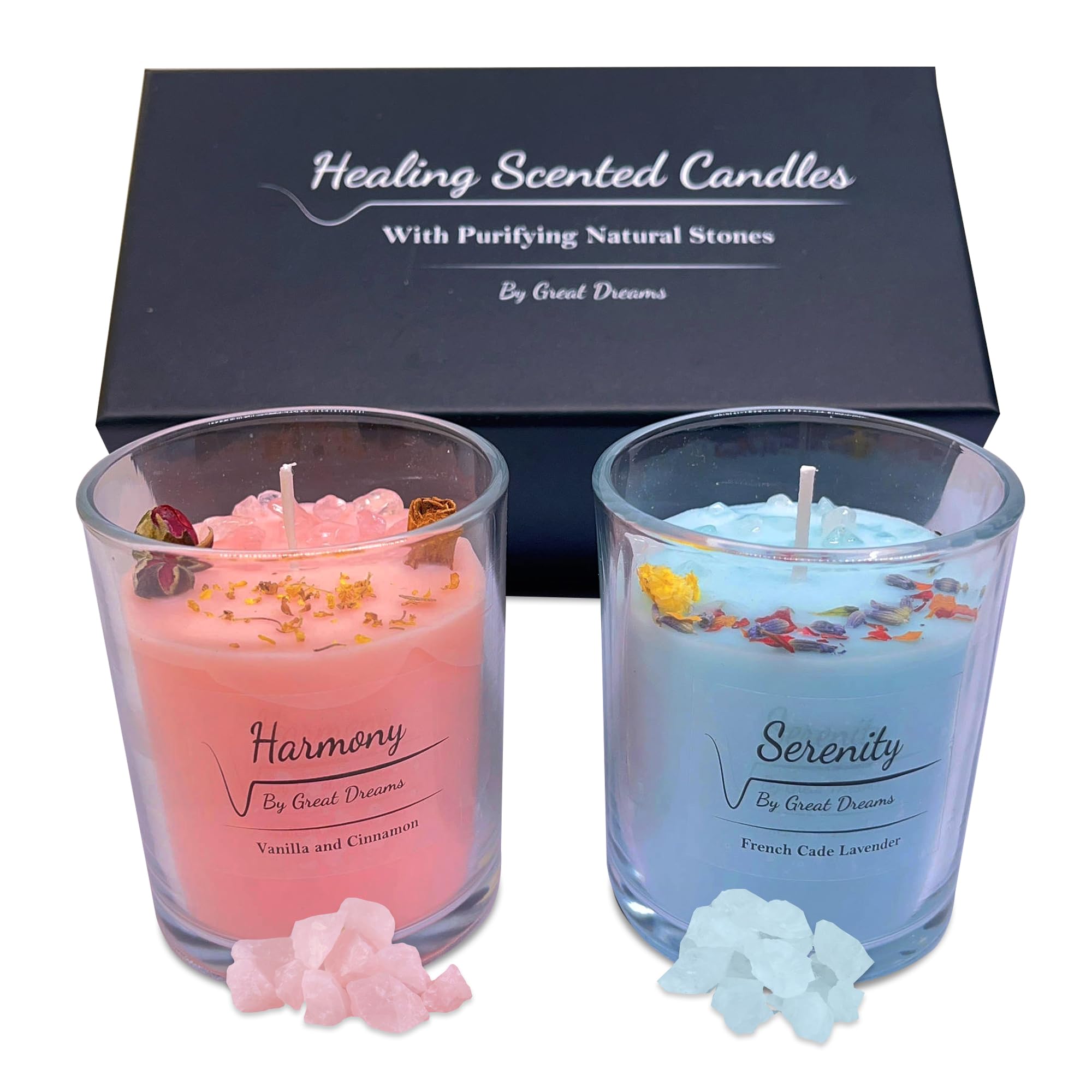 GreatDreams® Set 2 Velas Aromáticas Curativas con Piedras Naturales - Velas Decorativas Sin Parafinas y Hechas a Mano - Juego De Regalo De Vela Perfumada Para Mujer - Regalos Originales para Mujer.