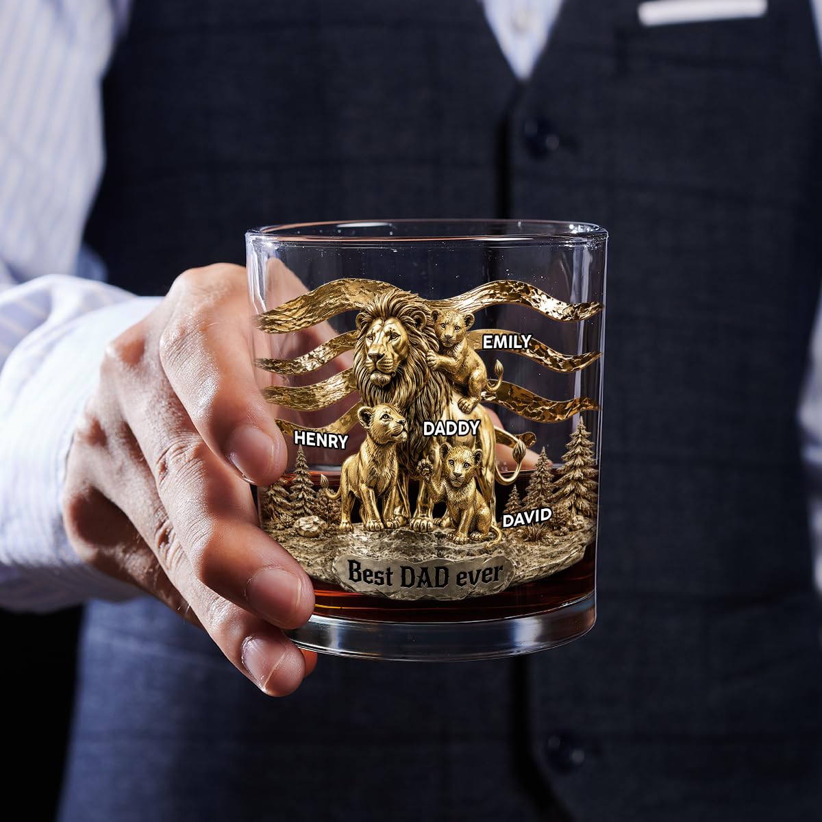 Wrappiness Personalized Lion Dad Whiskey Glass, Custom Kids Names Rocks Cup, Best Dad Ever, Unique Gift for Father from Kids on Fathers Day Birthday
