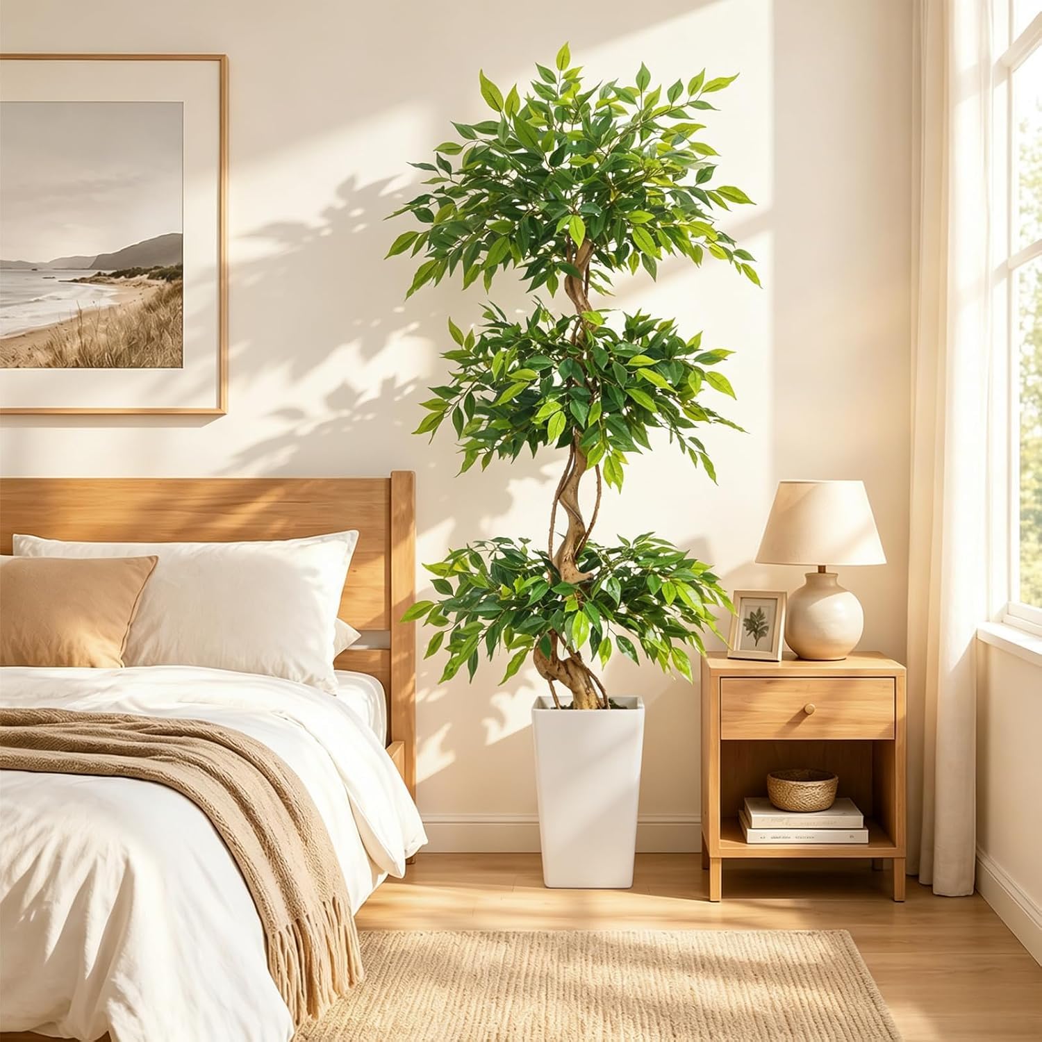 Planta Artificial Grande Ficus 180 cm con Macetero Blanco | Árbol Falso Hiperrealista con Tronco Curvado Ficus Artificial para Oficina, Decoración Interior y Exterior