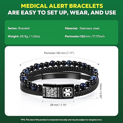 Miniatura 9 de Theluckytag Pulseras médicas mejoradas para hombres con código QR, pulseras de identificación de alerta médica, pulsera de cuero tejida vintage de 7