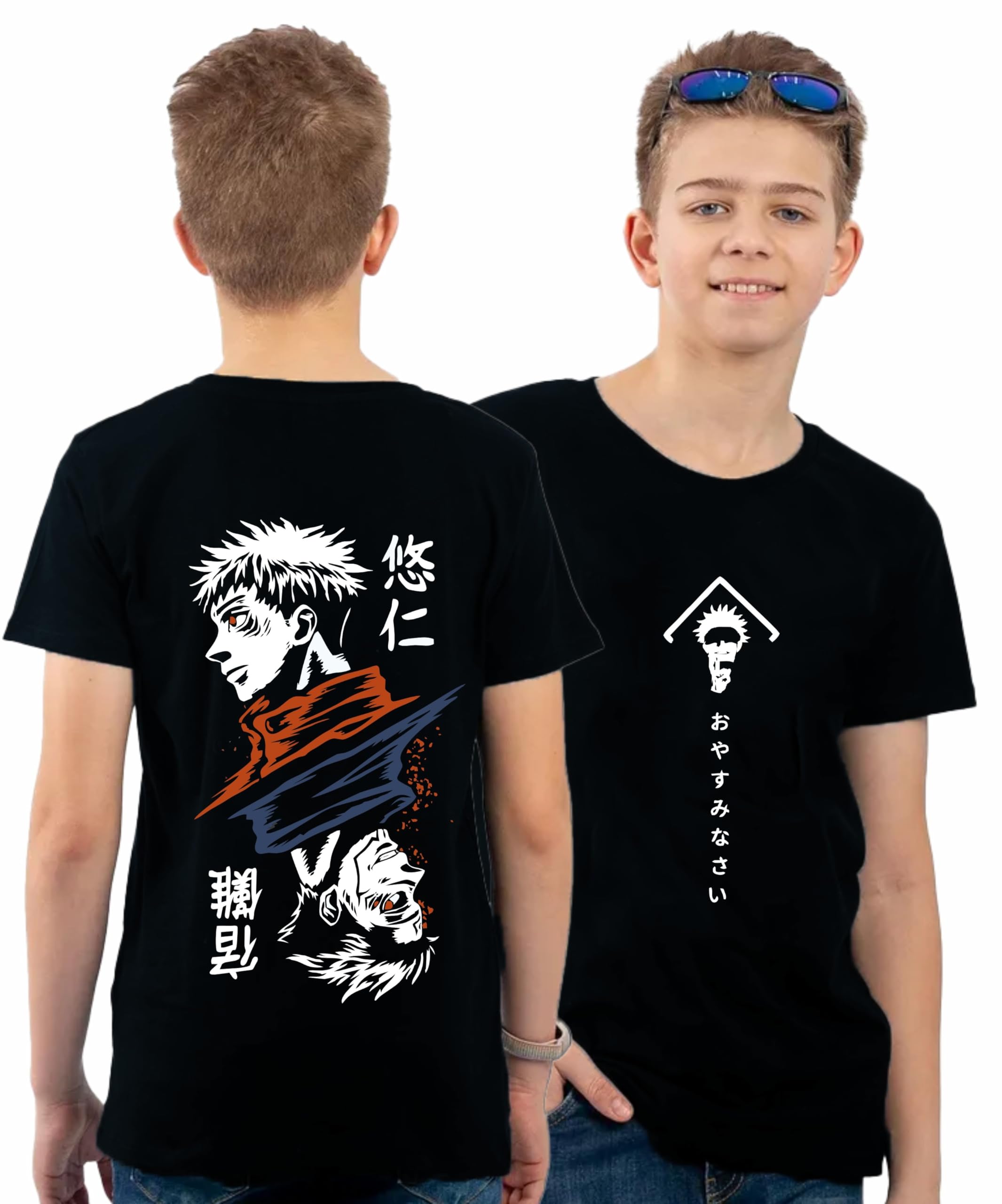 Uniplanet Store T-shirt nera da ragazzo in misto cotone mezza manica vestibilità regolare retro anime jujutsu stampata