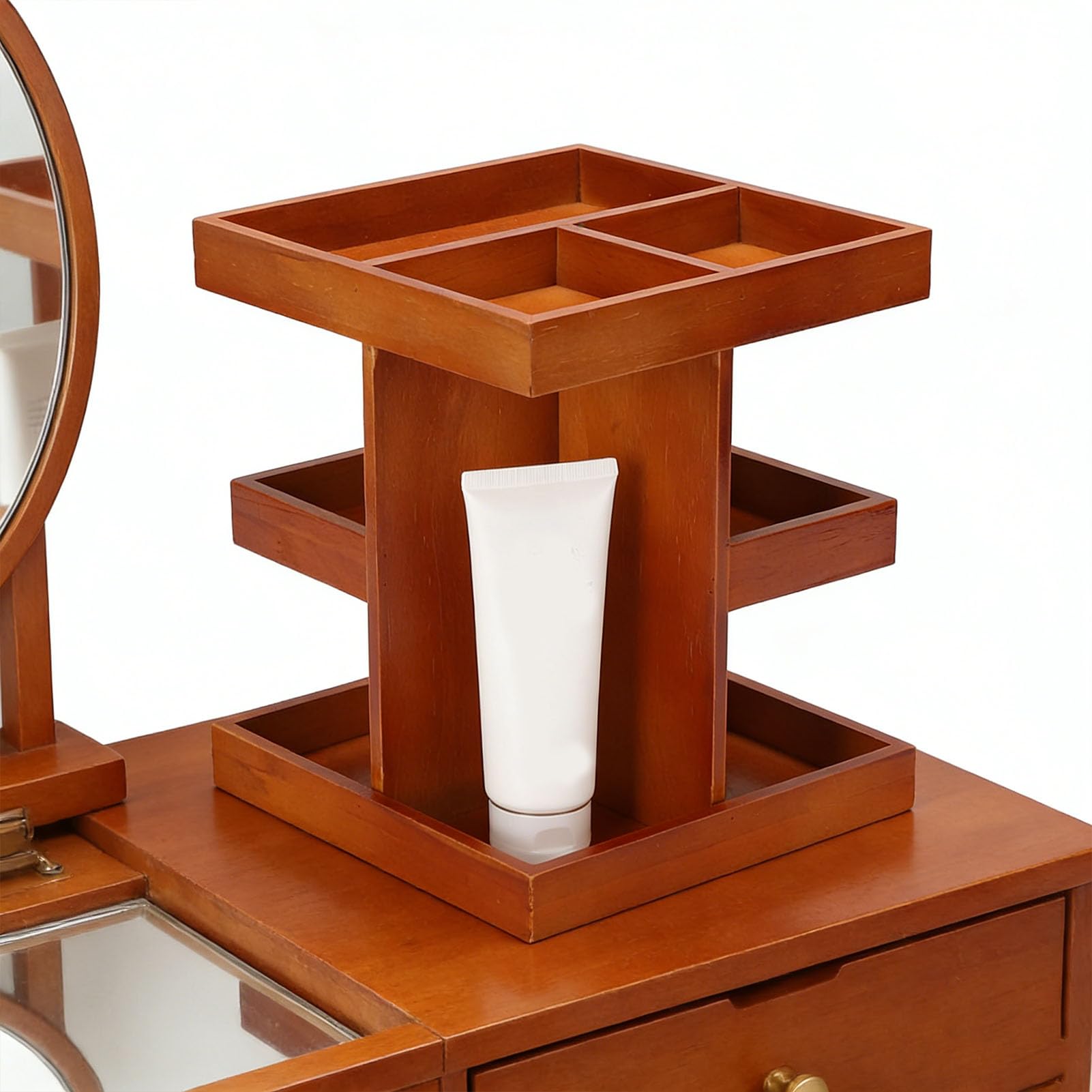 Organizer per Trucchi in Legno Girevole a 360 Gradi con Scomparti Multipli per Esposizione di Profumi Cosmetici, Scaffale da Scrivania per Ufficio Pulito in Camera da Letto