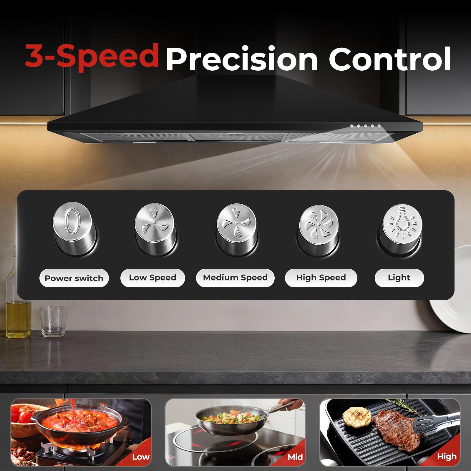 SNDOAS 90 cm Cooker Hood, Class A+++, 3-Speed Wall Mounted Range Hood, Extractor Hood, 400m³/h Extractor Fan kitchen with Carbon Filters, Black — view 3