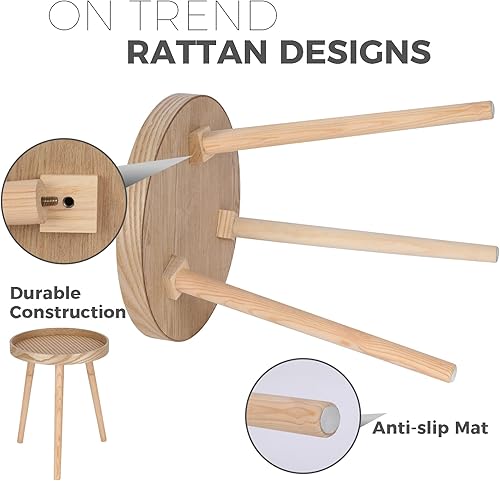 Miniatura 5 de Mesa auxiliar pequeña, mesita de noche de ratán, mesa auxiliar redonda boho de cabecera, mesas de cama modernas de mediados de siglo para sala de