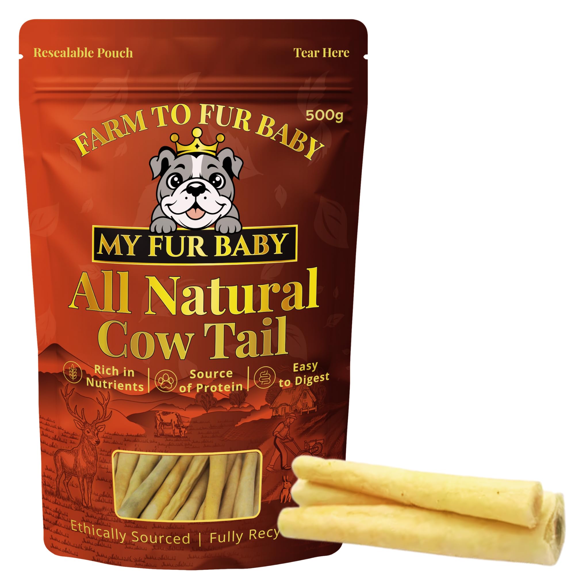 My Fur Baby 500g Cow Tail Dog Chew 15cm | Natural Air-Dried Single Protein Treat | Long-Lasting Chew