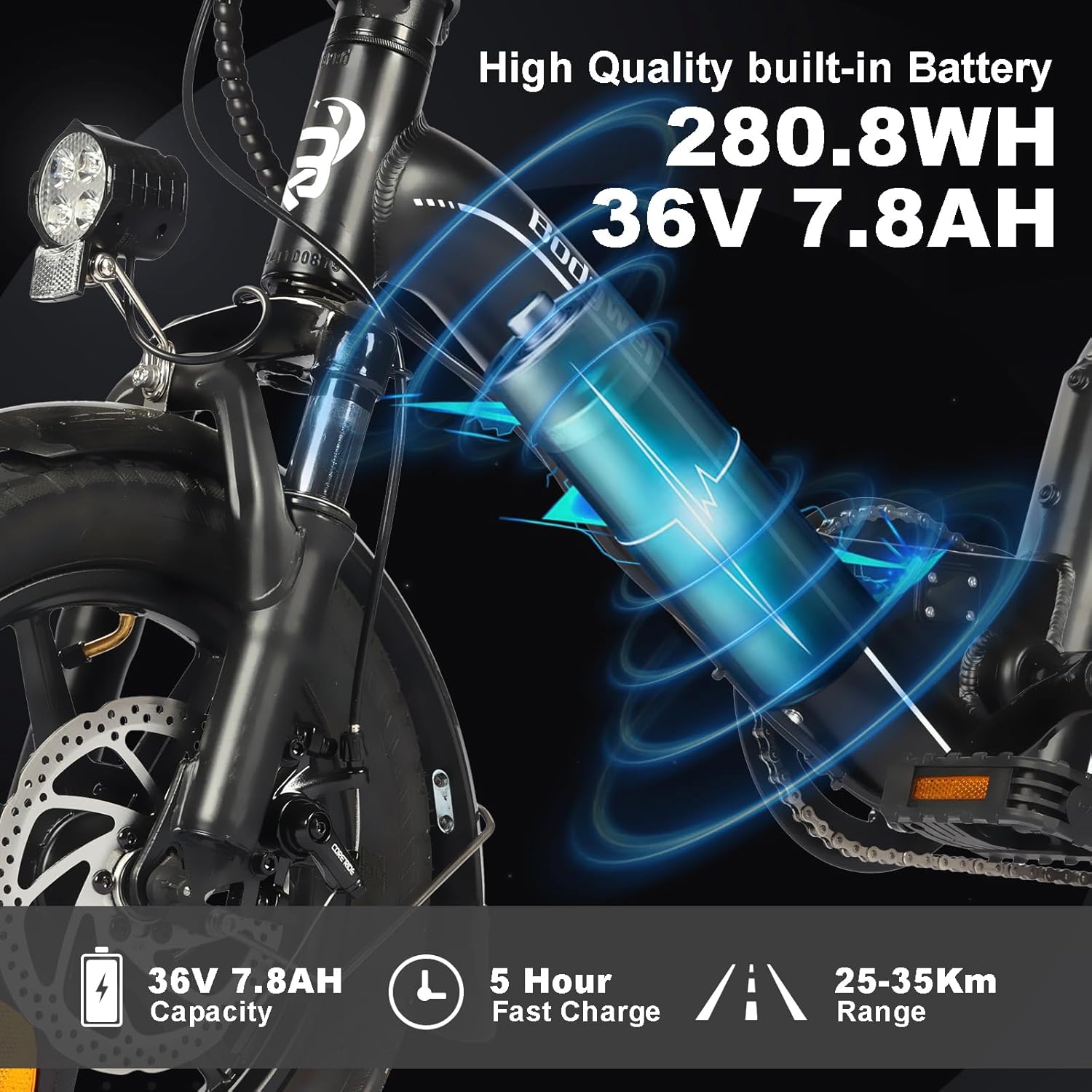 Bodywel T16PRO Electric Bike battery details showing 36V 7.8Ah capacity, 5-hour fast charge, and 25-35km range.