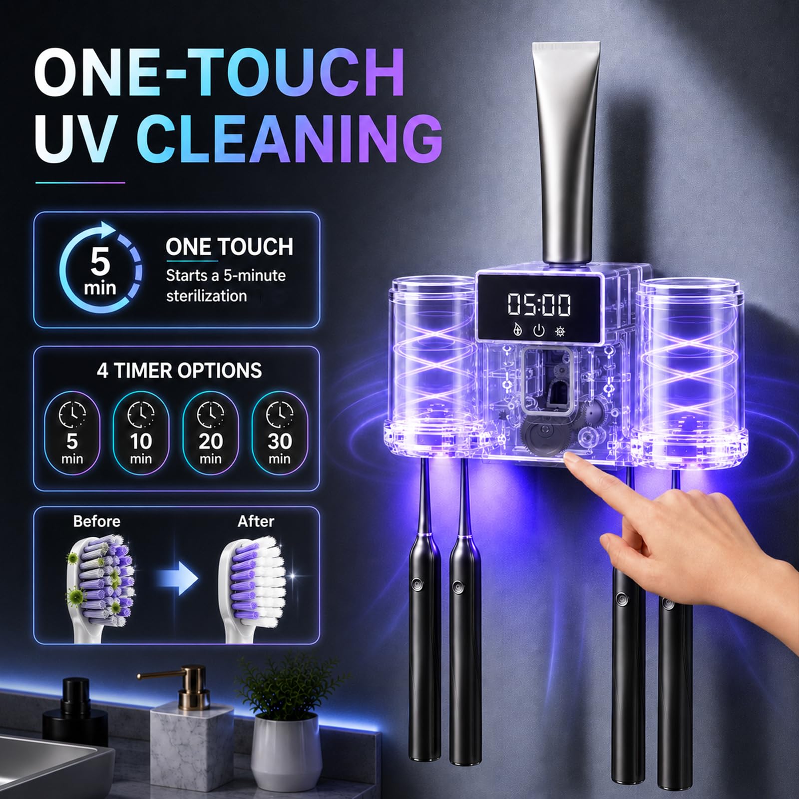 Soporte para cepillo de dientes montado en la pared con 2 vasos, caja de limpieza inteligente con limpieza y secado, dispensador de pasta de dientes eléctrico con 4 ranuras para cepillos de dientes