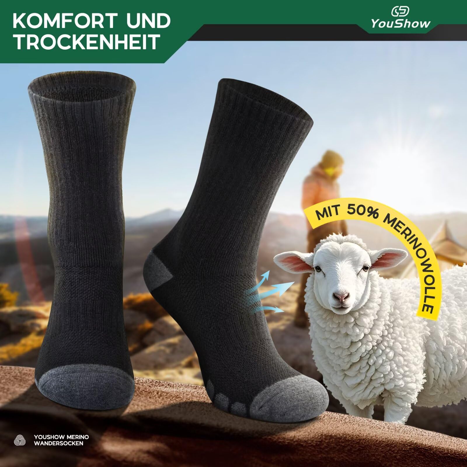 YouShow Calcetines de senderismo Merino 3 pares con acolchado antiburbujas