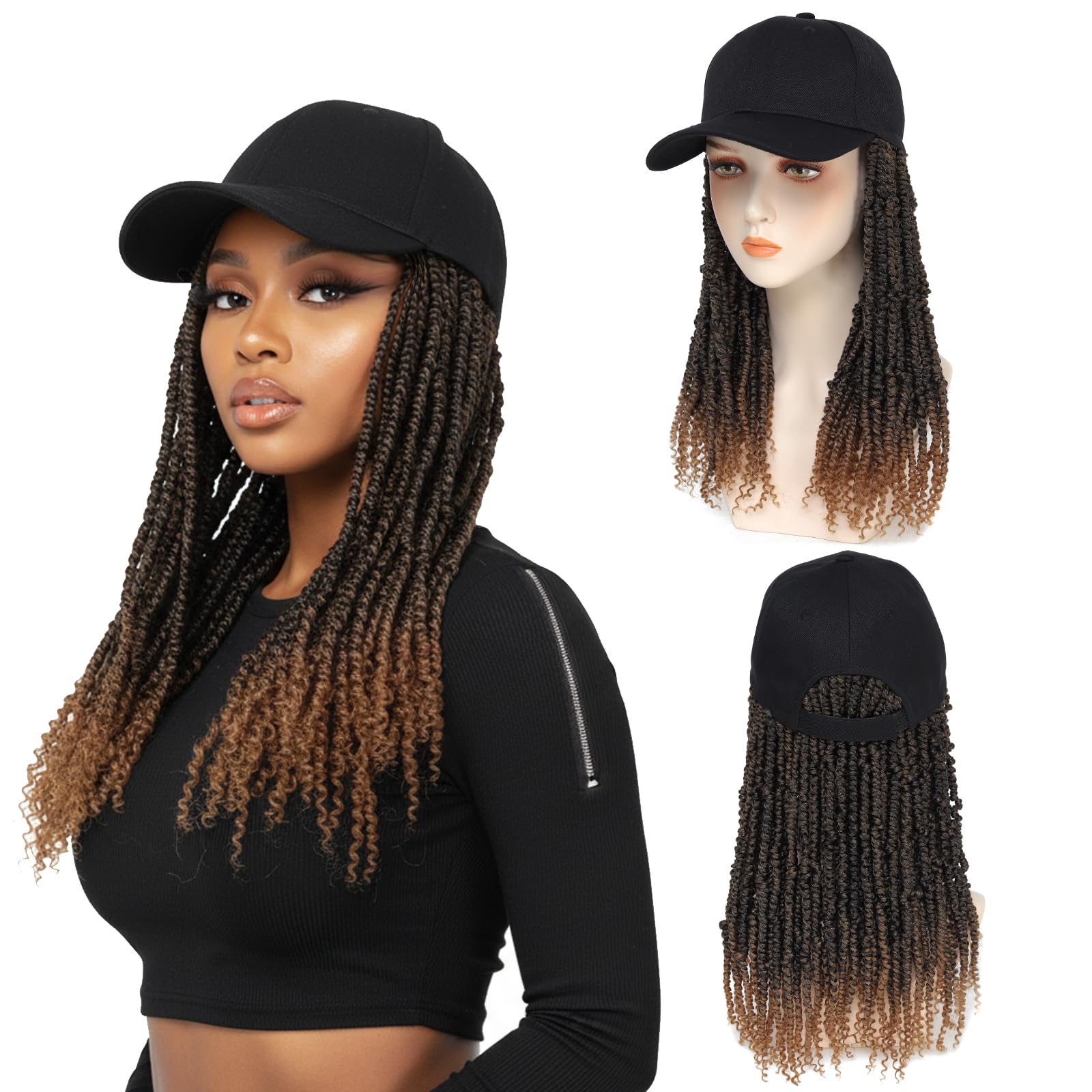 AliRobam Hat Wig Baseball Cap with Short Pre-Twisted Passion Twist Hair Extensions Ombre Brown Synthetic Curly Ends Braids Sewed in Adjustable Black