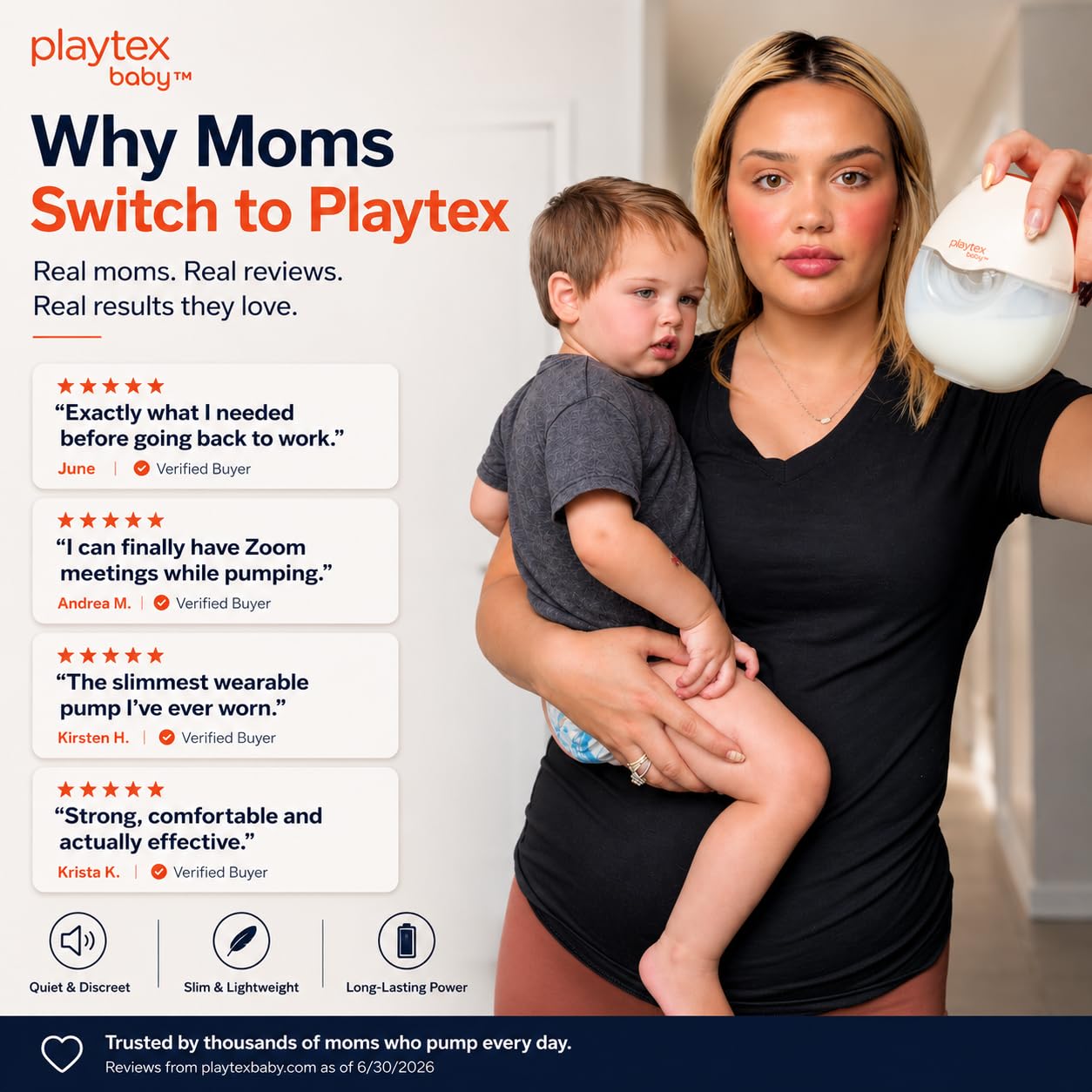 Playtex Baby H15 Ultradünne tragbare Milchpumpe, freihändige elektrische Milchpumpe mit Premium-Reiseetui, leises Design, 3 Modi, 12 Stufen