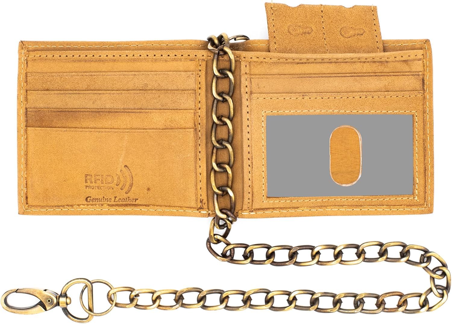 J T C JUZAR TAPAL COLLECTION Men's Bifold Chain Wallet-High Security with ID Window and Credit Card Pockets 20-inch Biker Stainless Long Chain (J520BF, Caramel)