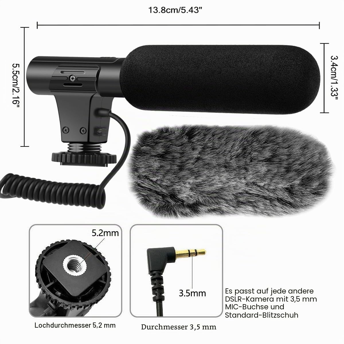 Videomikrofon für DSLR-Interviews, Kamera Mikrofon Shotgun-Mikrofon für Canon, Nikon, Sony, Panasonic, Fujifilm, Videomikrofon mit Windschutz, 3.5 mm Klinke