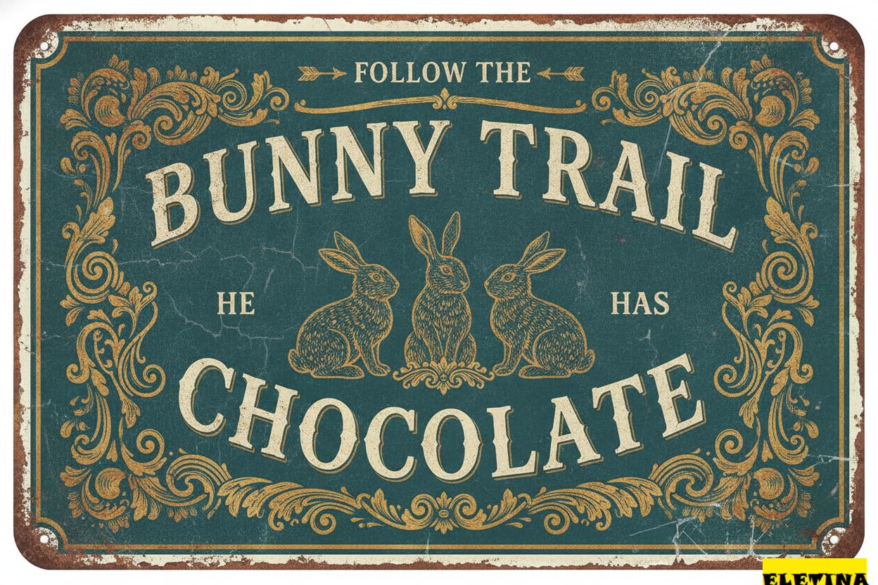 Follow Bunny Trail He Has Chocolate Tin Sign, 8x12 Inch