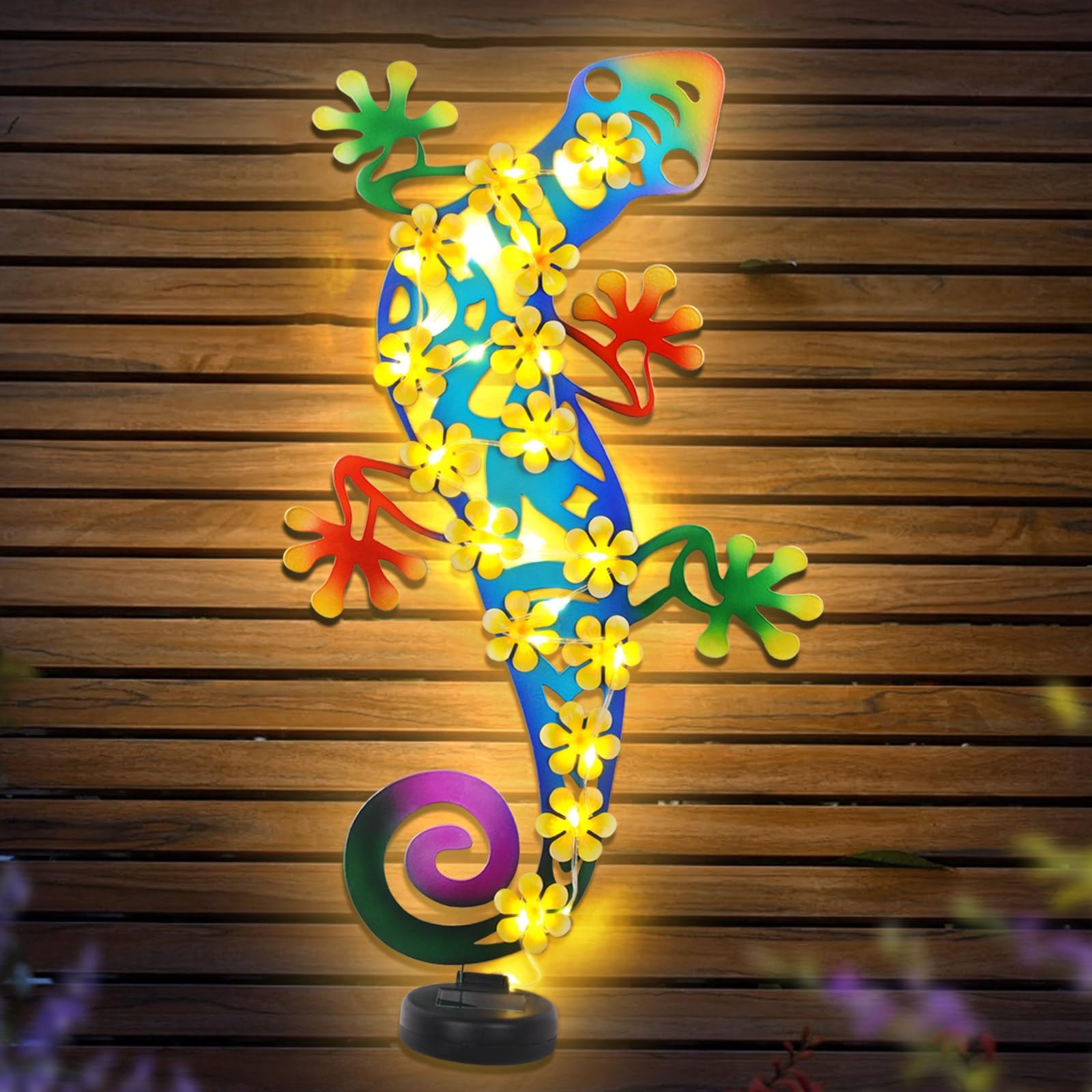 Metal Lizards Outdoor Decor Metal Gecko Wall Decoration with 30 Led Solar Lights- 17.7" Fence Wall Art, Gift for Mom Grandma Women Birthday Gardening,Geico Lizard for Garden Patio Porch Yard