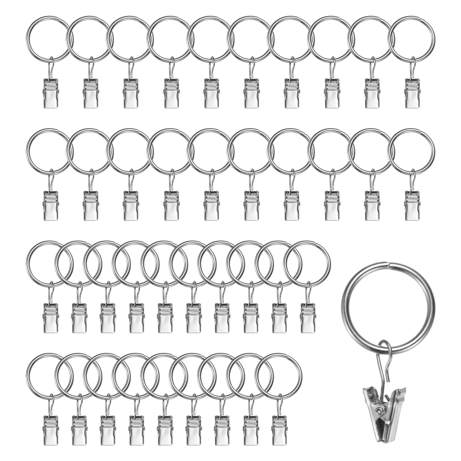 M METERXITY 40-Pack Mist Silver Curtain Rings with Clips, Rustproof Metal Curtain Hooks with Clips, 1 Inch Interior Diameter Curtain Rod Clips for Hanging Drapes/Hats/Bows/Towels