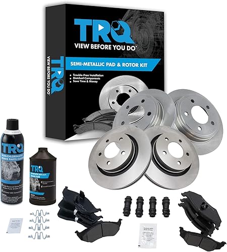 TRQ Kit de pastillas de freno y rotor semimetálicas delanteras y traseras con líquidos compatibles con Chrysler Dodge