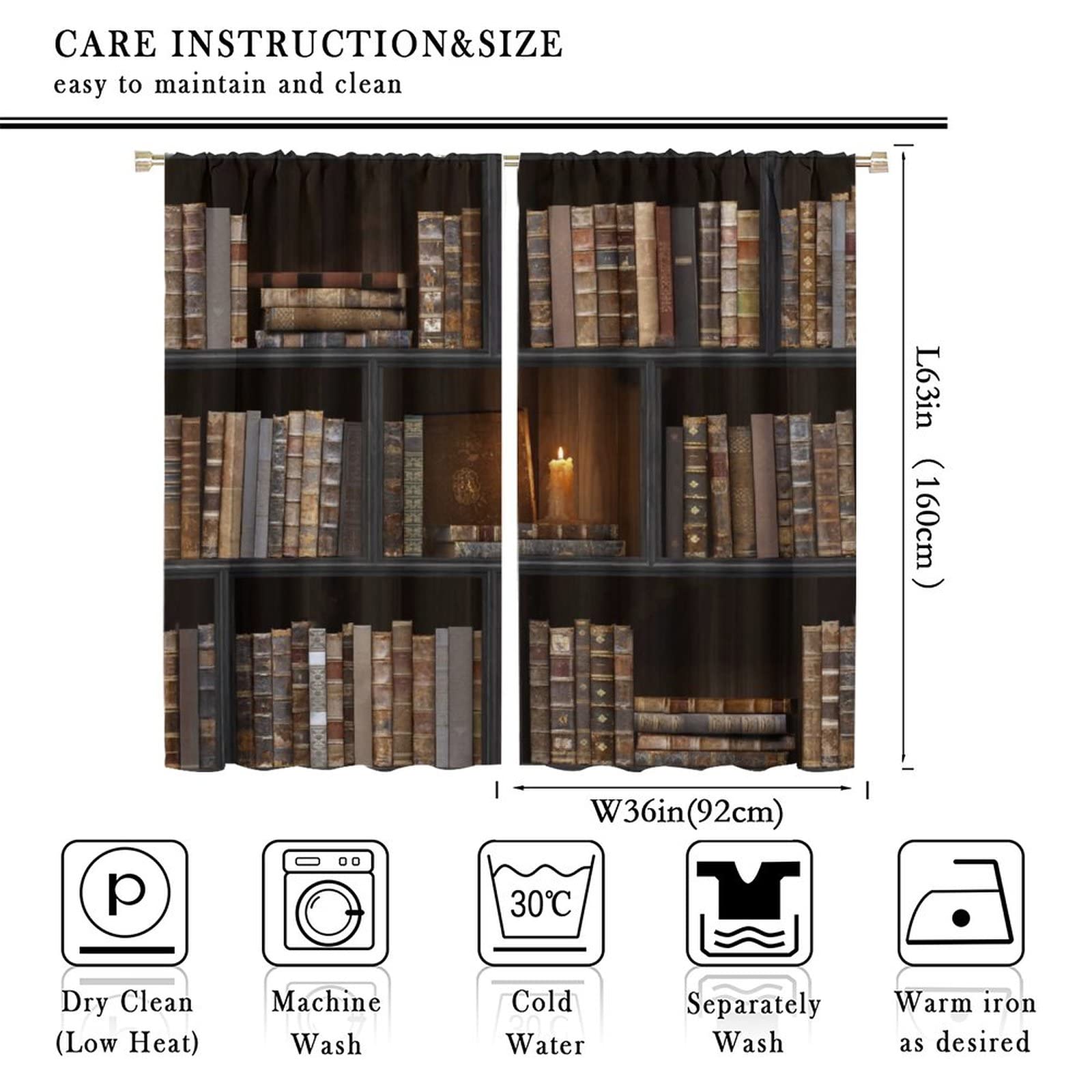 Vintage Bookshelf Blackout Curtains Retro Black Wood Bookshelf Old Books Design Window Drapes for Kids Boys Girls Living Room Bedroom Decor Room Darkening Wide Curtains 72x63in