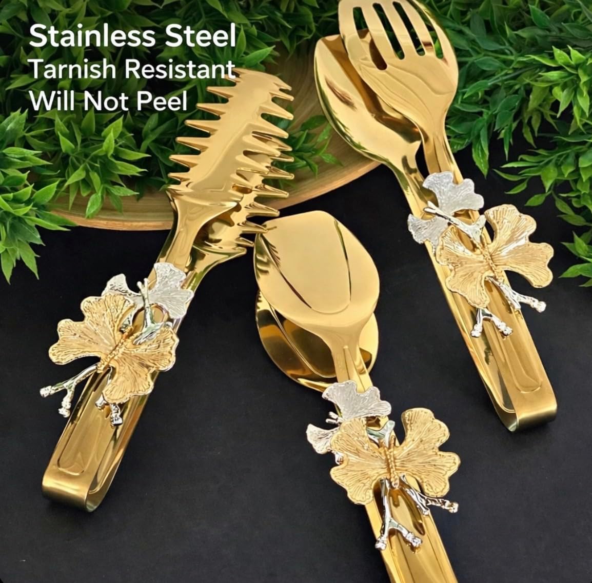 3-Piece Decorative Serving Tongs Set, Gold Stainless Steel Buffet Tongs with Butterfly Design, Elegant Tableware for Parties & Special Occasions