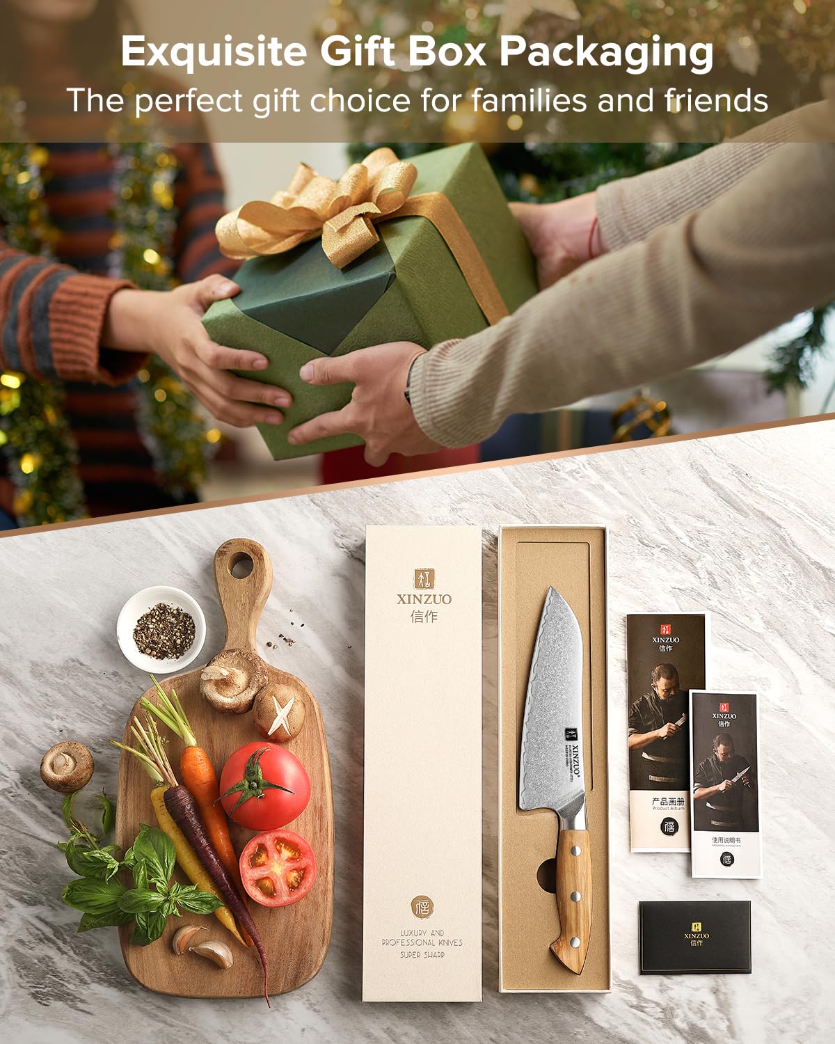 XINZUO 18,5cm Cuchillo Santoku Profesional Acero Compuesto Cuchillo de Cocinero de Cocina Acero Inoxidable de Alto Carbono -para Carne, Verduras, Pescado y Fruta -Mango Ergonómico de Madera de Olivo