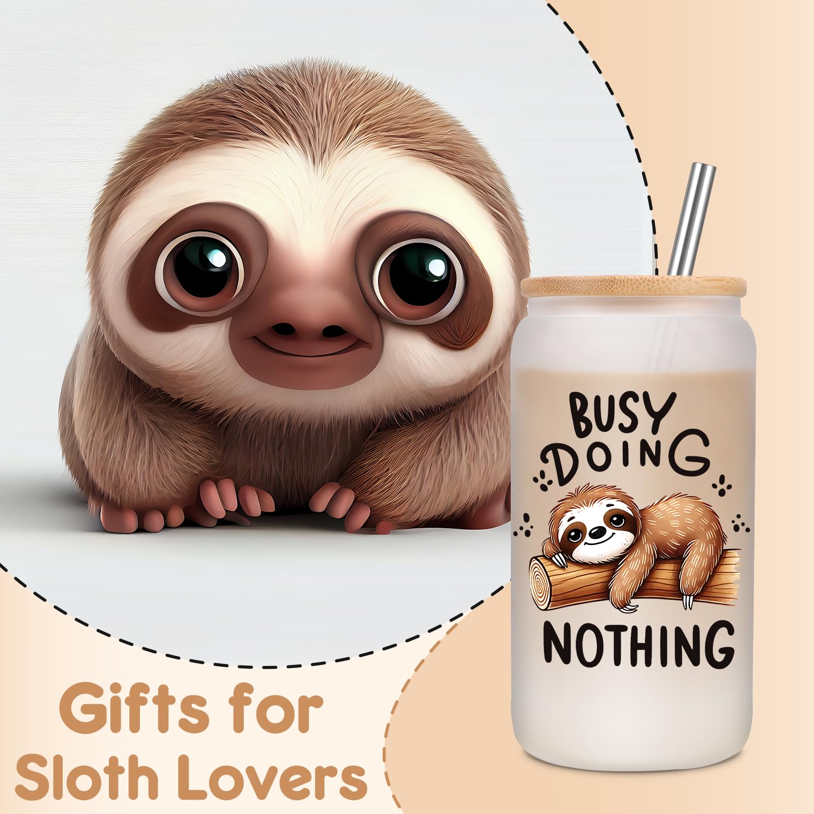 Fairy's Gift Sloth Gifts, Cute Glass Cup with Lid Straw, 16 oz Frosted Iced Coffee Cups, Cute Tumbler Stuff, Sloth Gifts for Women Girls - Birthday, Christmas Funny Presents for Coffee Lovers
