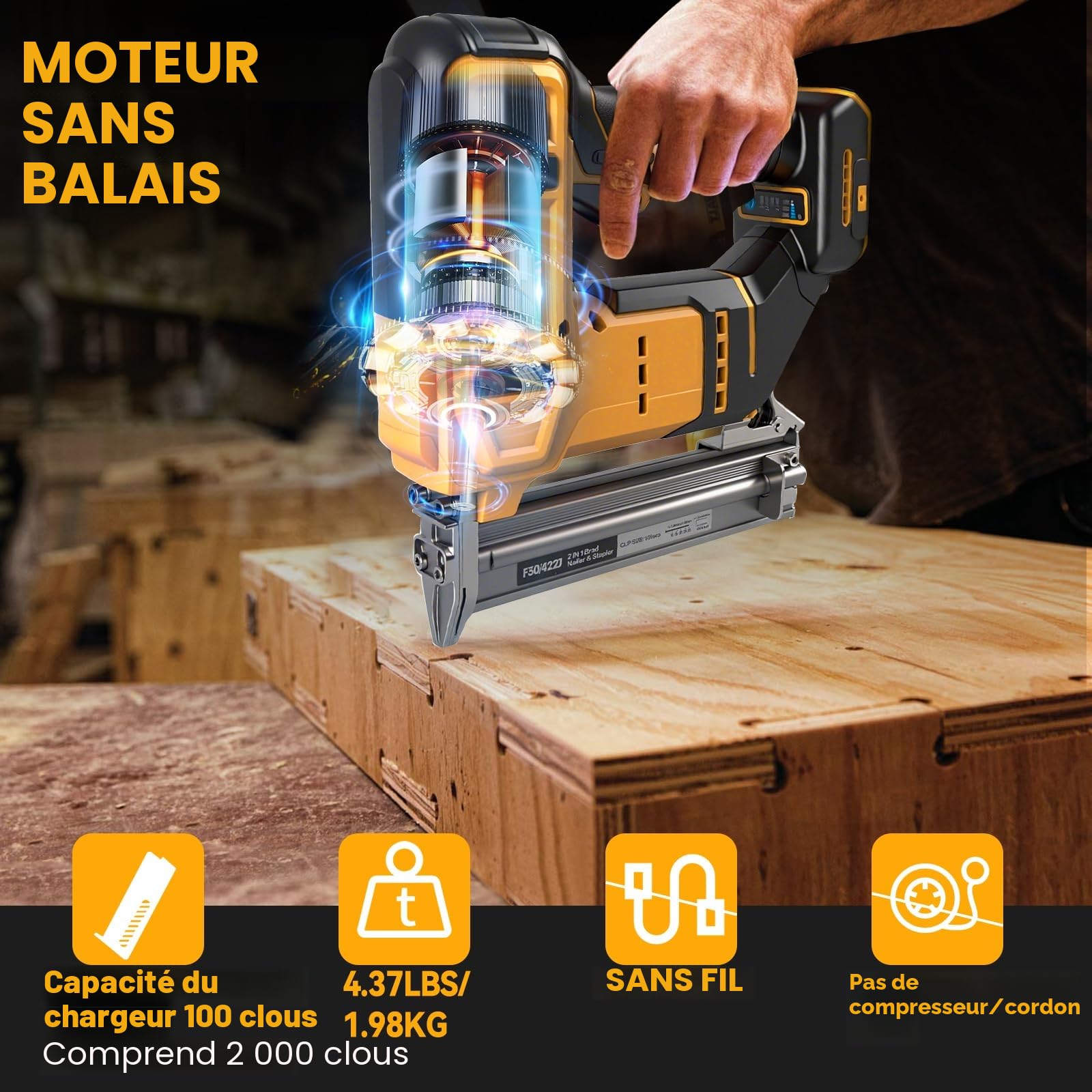 Agrafeuse sans fil 18GA compatible avec batterie Dewalt 20V MAX, agrafeuse à couronne étroite sans balais avec 1000 clous et 1000 agrafes pour le bricolage, le DIY et le travail du bois