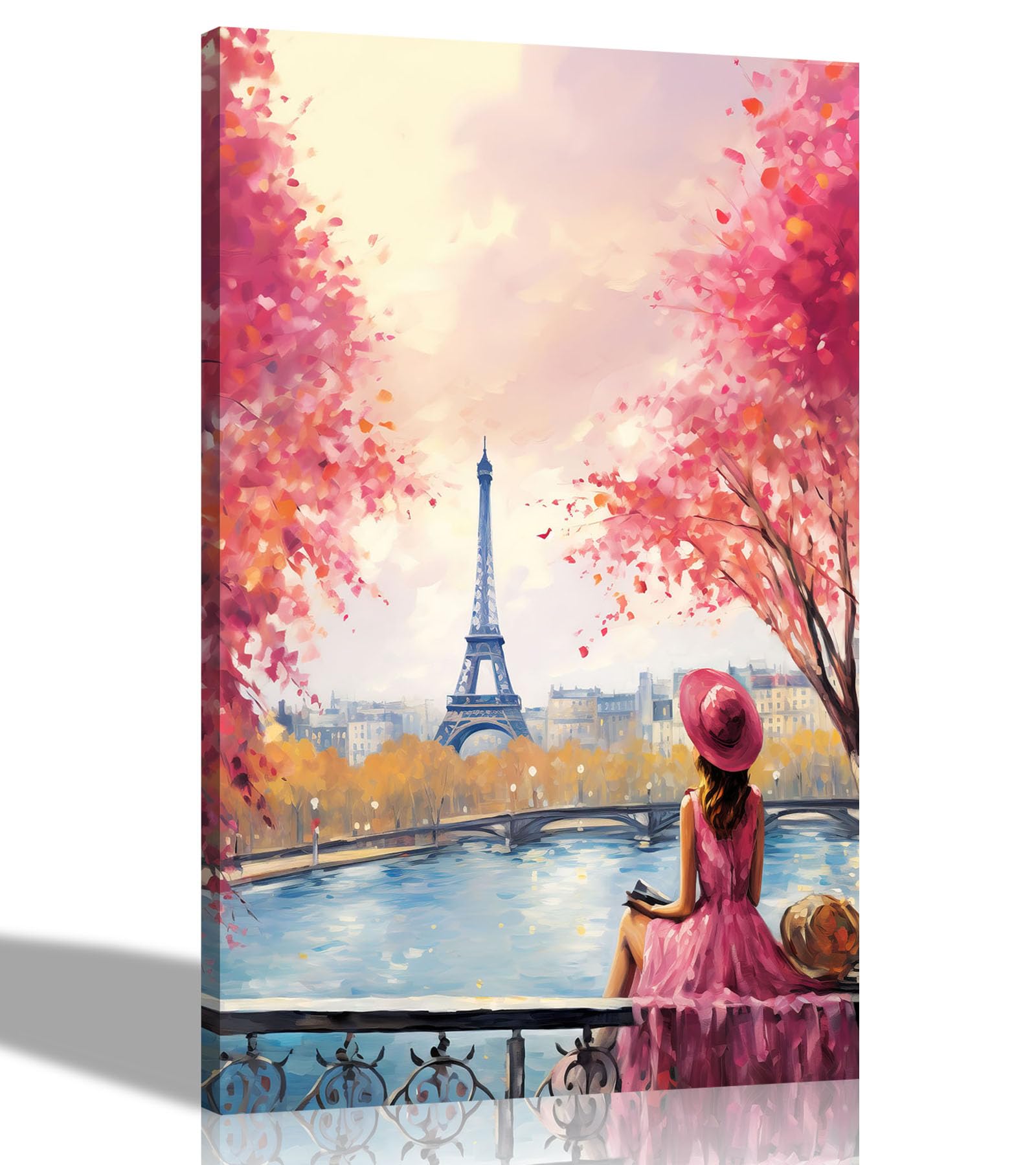 Artley Prints - Portrait Alone and Blissful in Paris Pink Wall Art Pictures Canvas for Living Room, Bedroom, Hallway | Framed Oil Painting Re-print 30 x 20cm (12 x 8 inches) A4