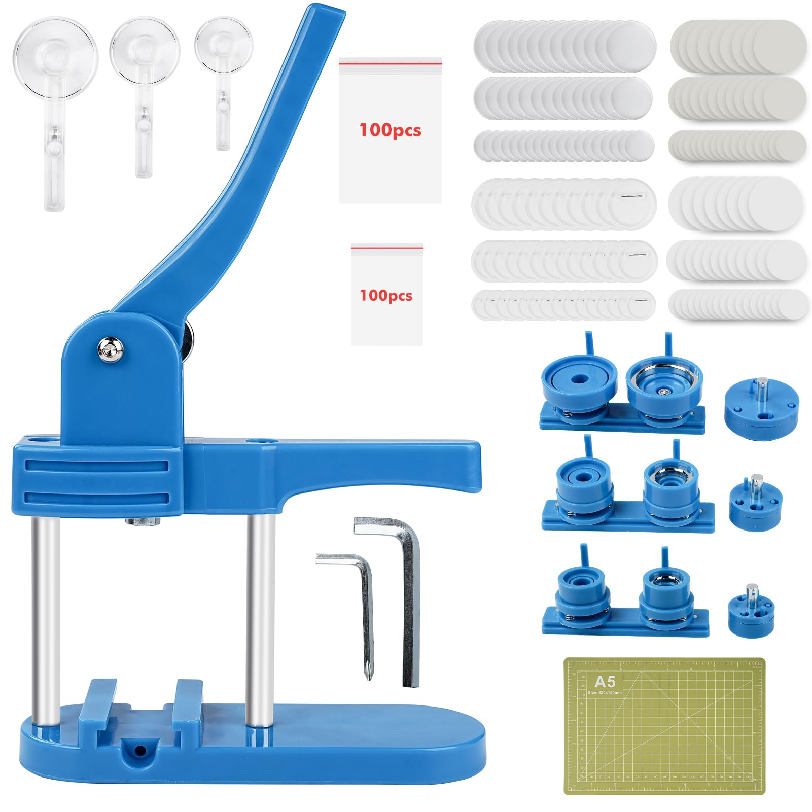 Button Maker Machine, 25mm/32mm/58mm DIY Pin Badge Maker 3 in 1 Round Badge Press Kit with 300pcs Button Parts for Gifts Pin Maker, Dark Blue