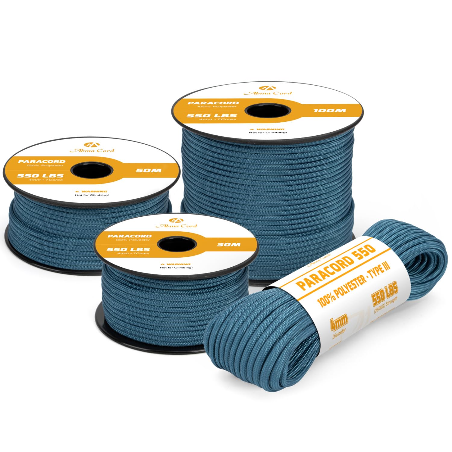 Abma Cord 550 Paracord 4mm 15m Rope 7 Strands Type III Parachute Cord for Crafting, Camping, Survival, Outdoor - Max. 250kg - Teal