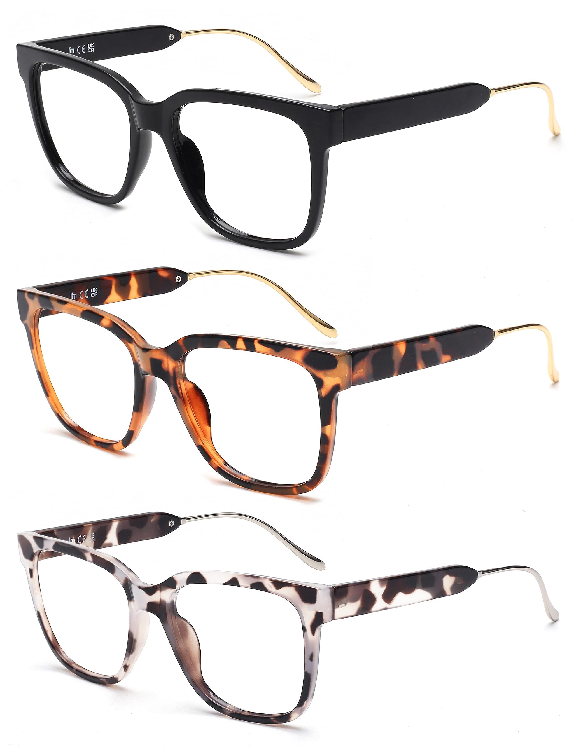 JM 3 Pack Clásicas Cuadrada Gafas de Lectura para Mujer Hombre, Retro Moda Gran Tamaño Gafas Presbicia con Bloqueo a Luz Azul