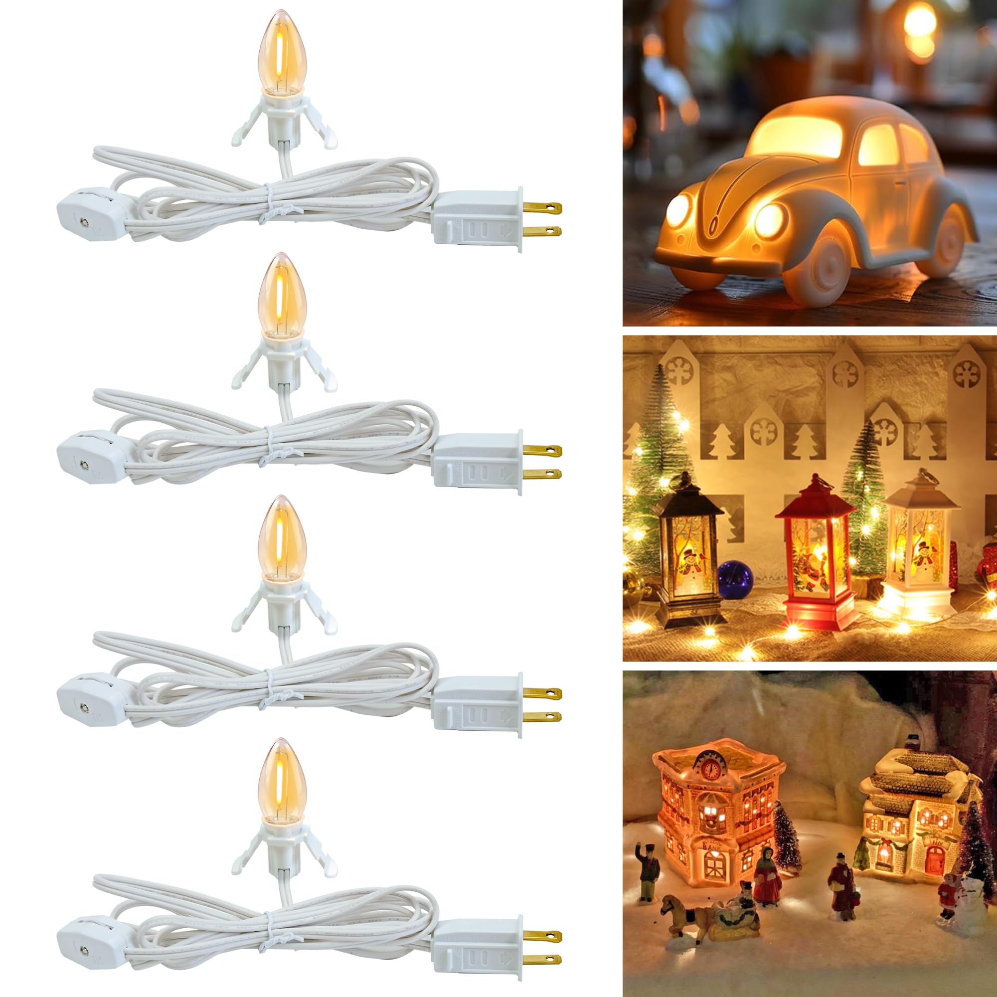 Set of 4 Accessory Cord with One Led Light Bulb 6Ft Blow Mold Light IndoorString Lights, C7 Lamp with Spare Fuse for Halloween and Christmas Decorations, Craft Village House Decoration