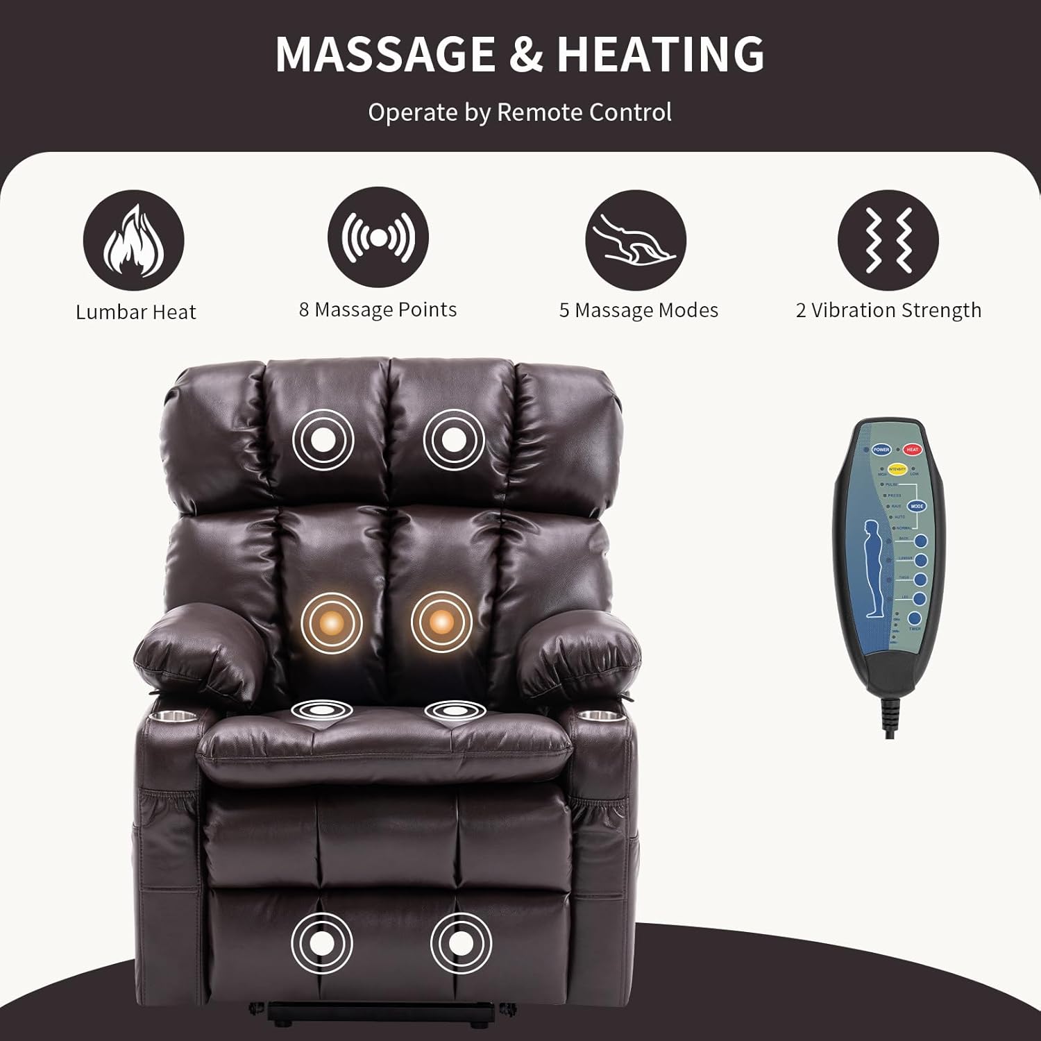 Dual Motor Power Lift Recliner Chair with Adjustable Headrest,Infinite Position for Elderly, Lift Chair with Massage and Heat,Zero Gravity, USB&Type-C, Cup Holders,Faux Leather Brown,Medium