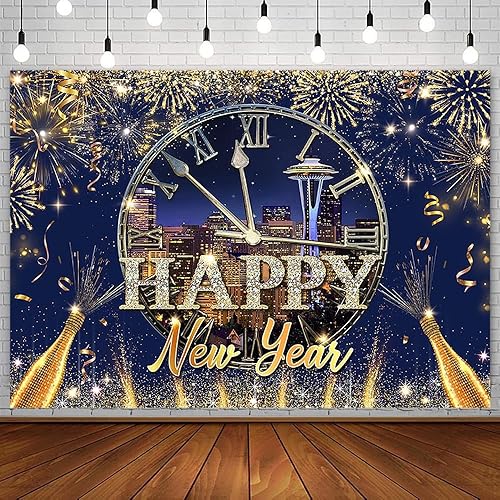 AIBIIN Fondo negro y dorado de 7 x 5 pies, para fiesta de cuenta regresiva, Hola 2024, dorado, bokeh, purpurina, champán, fuegos artificiales, fondo