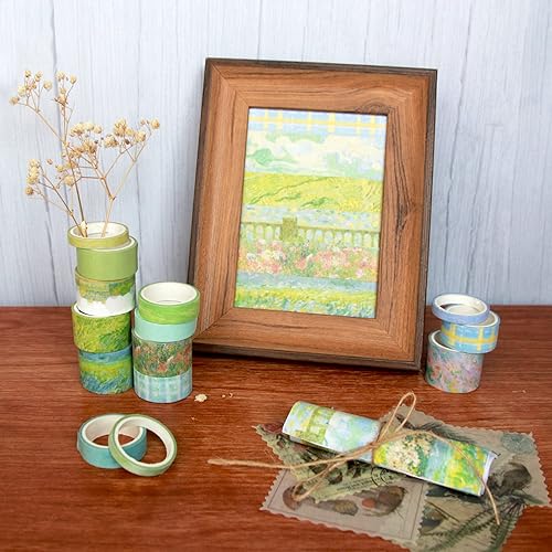 Miniatura 5 de Juego de 20 rollos de cinta washi vintage y 30 calcomanías para sellos de plantas naturales florales, cinta adhesiva estética para suministros de