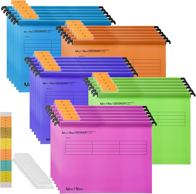 A4 Suspension Files, MerryNine 30PCS Polypropylene Filing Cabinet Suspension Files with Tabs and Card Inserts for School Home Work Office Organization (30, Mixed Color)